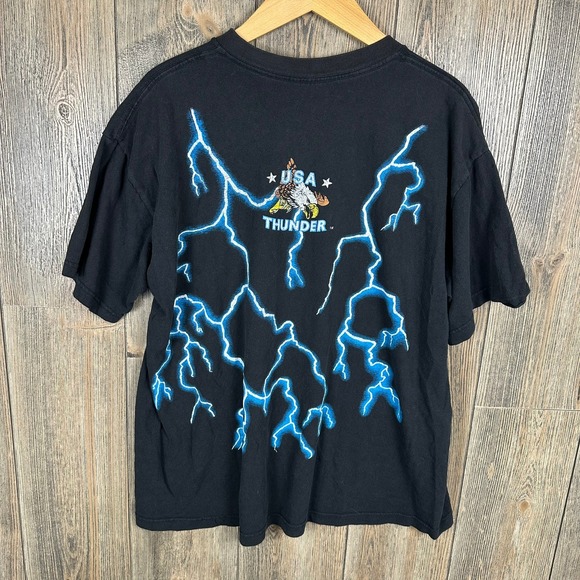 USA Thunder Graphic T-Shirt Native American Eagle Wolf Lightning Black - Picture 2 of 6